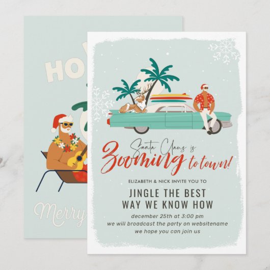 Invitation Surf Santa Claus | Fête Virtuelle de Noël (Devant / Derrière)