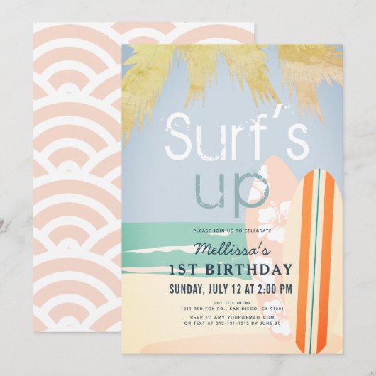 Invitation Surf Up Girl Surfboards Plage 1er anniversaire (Devant / Derrière)