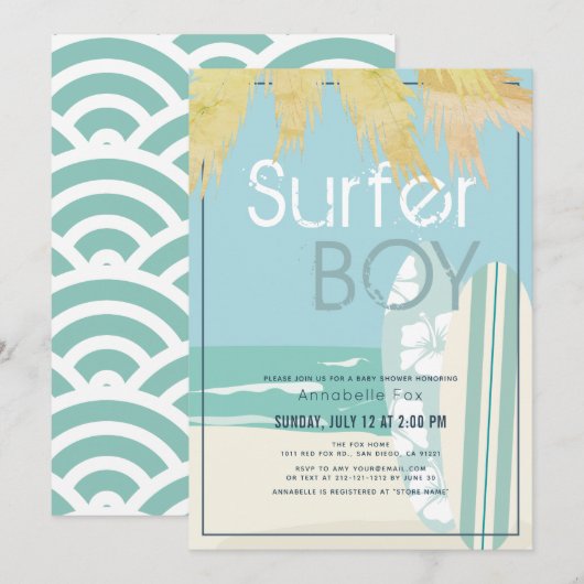 Invitation Surfer Boy Surfboards Baby shower de plage (Devant / Derrière)