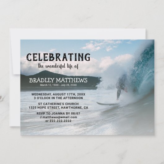 Invitation Surfer Ocean Wave | Célébration des funérailles de (Devant)