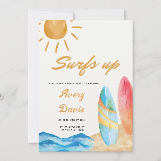 Invitation Surfs up Beach garçon fête d'anniversaire (Devant)