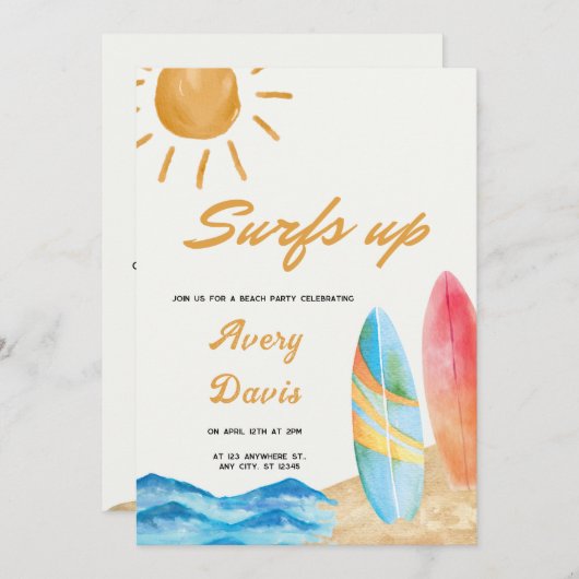 Invitation Surfs up Beach garçon fête d'anniversaire (Devant / Derrière)