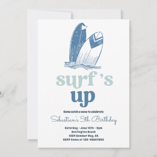 Invitation Surfs Up Moderne Surboard Plage Anniversaire (Devant)