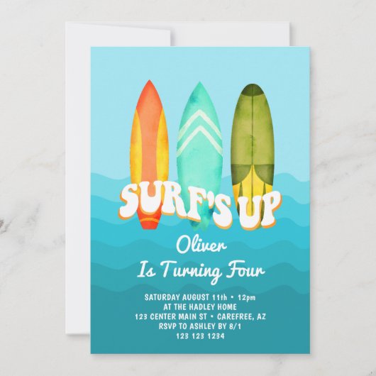 Invitation Surfs Up Surfboard Boy 4e anniversaire (Devant)
