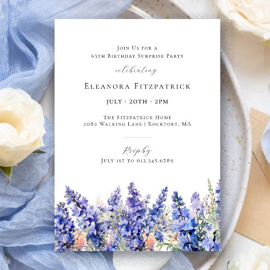 Invitation SURPISE PARTY 65e anniversaire bleu juillet Fleur 