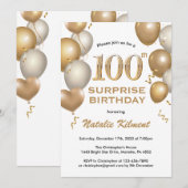 Invitation Surprise 100e anniversaire Ballons blanc et or (Devant / Derrière)