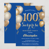 Invitation Surprise 100e anniversaire Ballons bleu et or (Devant / Derrière)