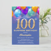 Invitation Surprise 100e anniversaire Ballons bleu et or (Debout devant)