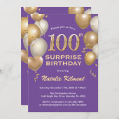 Invitation Surprise 100e anniversaire Ballons violet et or (Devant / Derrière)