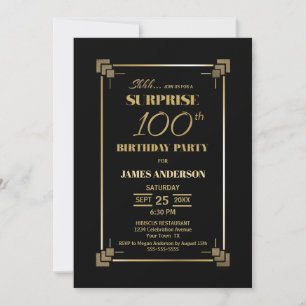 Invitation Surprise 100e anniversaire Black and Gold Party