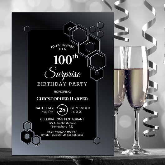 Invitation Surprise 100e anniversaire Black Geometry Party