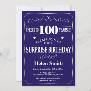 Invitation Surprise 100e anniversaire bleu marine et blanc