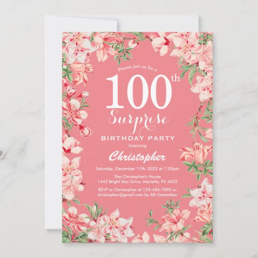 Invitation Surprise 100e anniversaire Boho rose botanique flo (Devant)