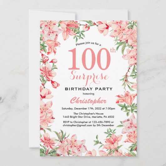 Invitation Surprise 100e anniversaire Boho rose botanique flo (Devant)
