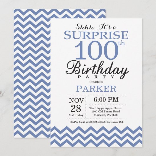 Invitation Surprise 100e Anniversaire Chevron Bleu (Devant / Derrière)