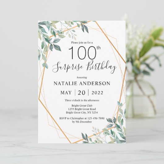 Invitation Surprise 100e anniversaire Eucalyptus Vert & Or (Debout devant)