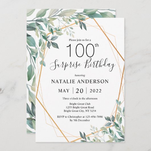 Invitation Surprise 100e anniversaire Eucalyptus Vert & Or (Devant / Derrière)