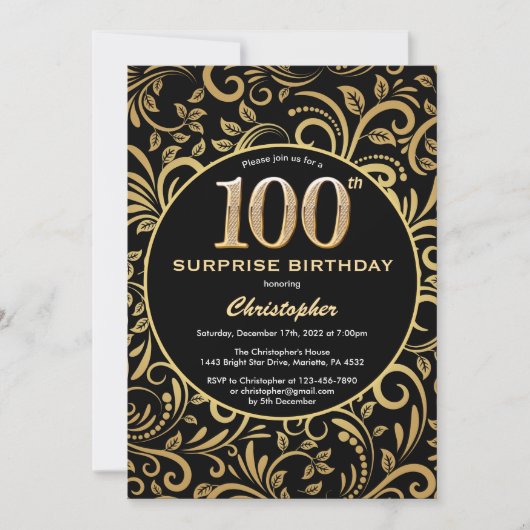 Invitation Surprise 100e anniversaire Floral noir et or (Devant)