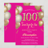 Invitation Surprise 100e anniversaire Hot rose et or Ballons (Devant / Derrière)