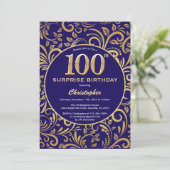 Invitation Surprise 100e anniversaire Marine bleu et or flora (Debout devant)