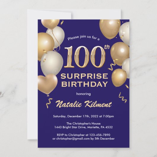Invitation Surprise 100e Anniversaire Marine Blu and Gold Bal (Devant)