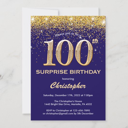 Invitation Surprise 100e anniversaire Marine Blue and Gold Pa (Devant)