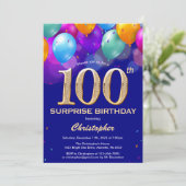 Invitation Surprise 100e anniversaire Marine Blue Gold Ballon (Debout devant)