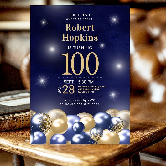 Invitation Surprise 100e anniversaire Marine Blue Gold Ballon