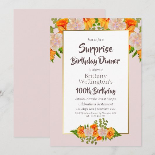 Invitation Surprise 100e anniversaire Orange Floral Gold Fron (Devant / Derrière)