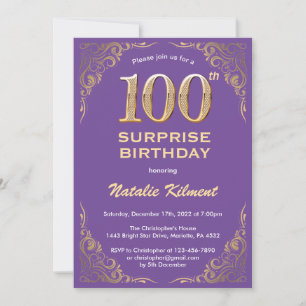 Invitation Surprise 100e anniversaire Parties scintillant vio