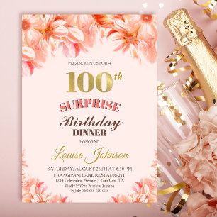 Invitation Surprise 100e anniversaire Pink Gold Floral Diner