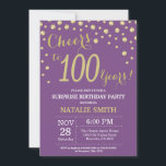 Invitation Surprise 100e anniversaire Purple and Gold Diamond<br><div class="desc">Surprise 100e anniversaire Invitation avec Arrière - plan Diamond Parties scintillant violet et or. Confetti d'or. Anniversaire adulte. Hommes ou Femmes Anniversaire. Pour plus de personnalisation,  cliquez sur le bouton "Customiser" et utilisez notre outil de conception pour modifier ce modèle.</div>