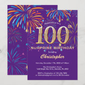 Invitation Surprise 100e anniversaire Purple and Gold Firewor (Devant / Derrière)