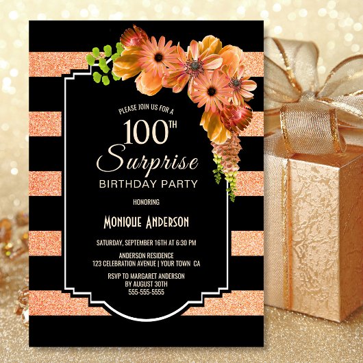 Invitation Surprise 100e anniversaire rayé orange floral
