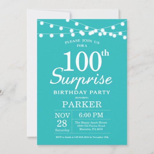 Invitation Surprise 100e anniversaire Turquoise Aqua Turquois (Devant)