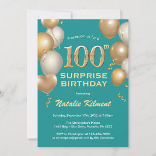 Invitation Surprise 100e anniversaire Turquoises et Ballons d