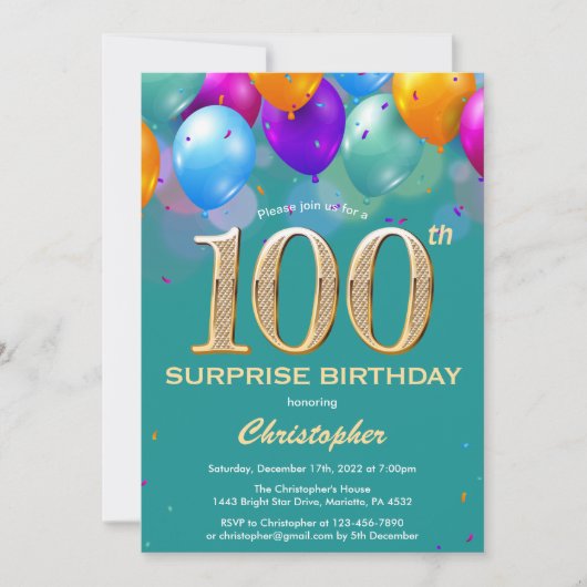Invitation Surprise 100e anniversaire Turquoises et Ballons d (Devant)