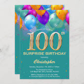 Invitation Surprise 100e anniversaire Turquoises et Ballons d (Devant / Derrière)