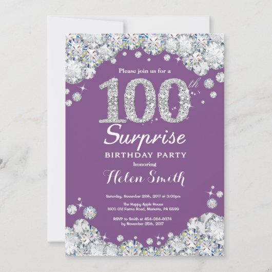 Invitation Surprise 100e anniversaire violet et diamant d'arg (Devant)