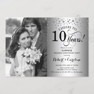 Invitation Surprise 10e anniversaire avec photo argent noir