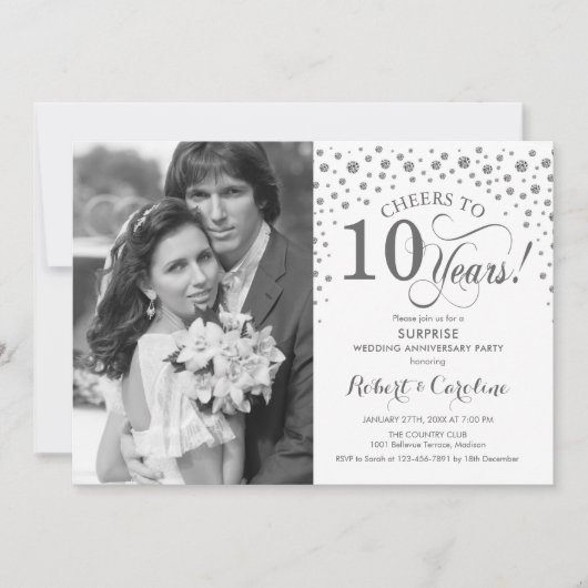 Invitation Surprise 10e anniversaire avec photo blanc argent (Devant)
