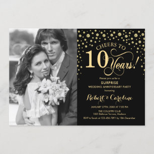 Invitation Surprise 10e anniversaire avec photo noir or