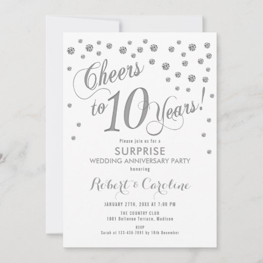 Invitation Surprise 10e anniversaire de mariage - Blanc & Arg (Devant)