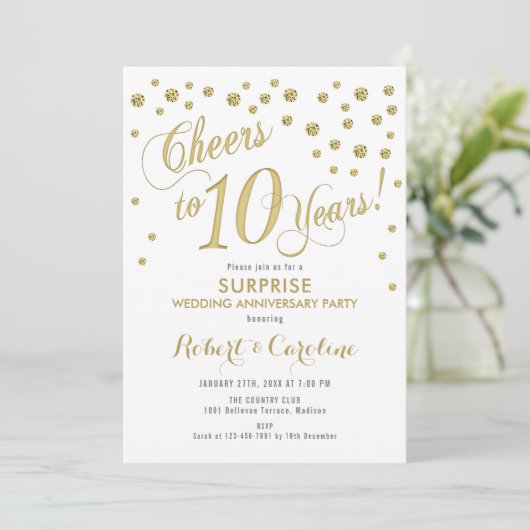 Invitation Surprise 10e anniversaire de mariage - Blanc & Or (Debout devant)