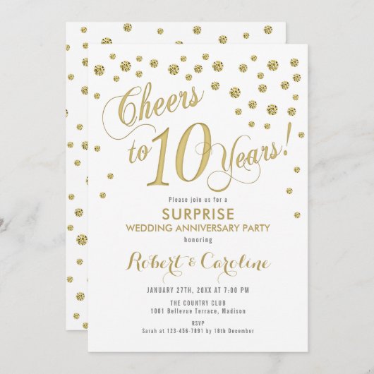 Invitation Surprise 10e anniversaire de mariage - Blanc & Or (Devant / Derrière)