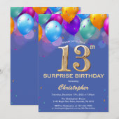 Invitation Surprise 13e anniversaire Ballons bleu et or (Devant / Derrière)