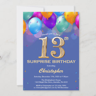 Invitation Surprise 13e anniversaire Ballons bleu et or