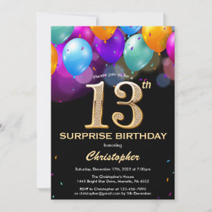 Invitation Surprise 13e anniversaire Ballons noir et or