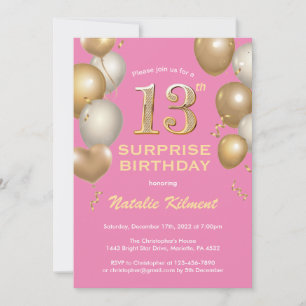 Invitation Surprise 13e anniversaire Ballons rose et or