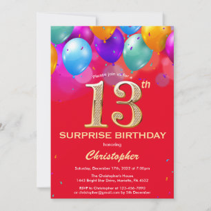 Invitation Surprise 13e anniversaire Ballons rouge et or